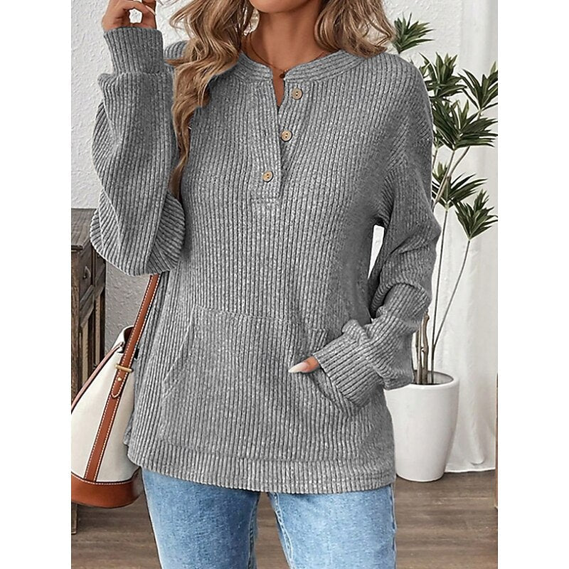 Nadege Pemberley | Khaki Ribbed Button Henley Top For Women