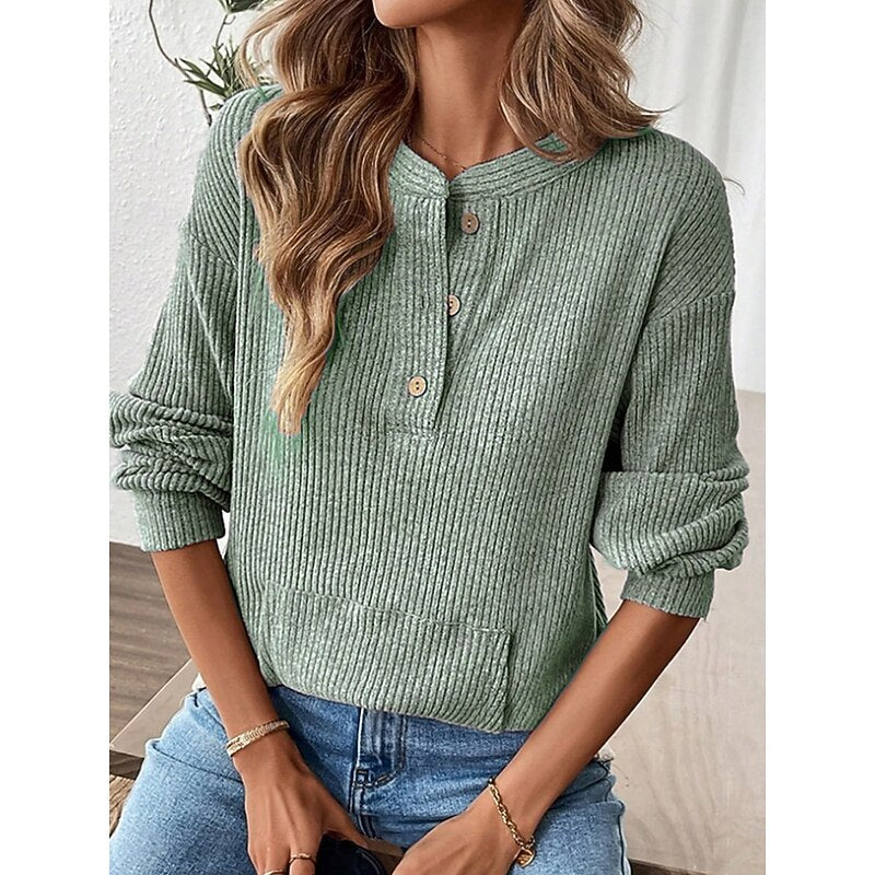 Nadege Pemberley | Khaki Ribbed Button Henley Top For Women