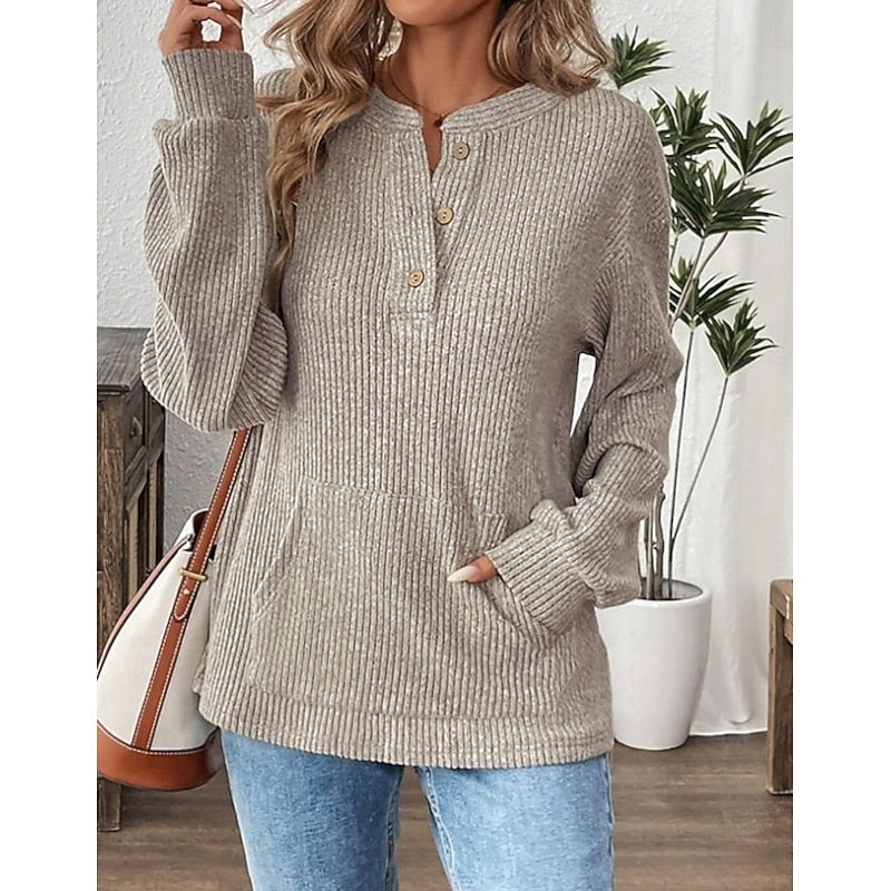 Nadege Pemberley | Khaki Ribbed Button Henley Top For Women