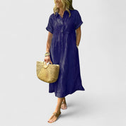Marisol Cleverton | Blue Striped Linen Midi Shirt Dress
