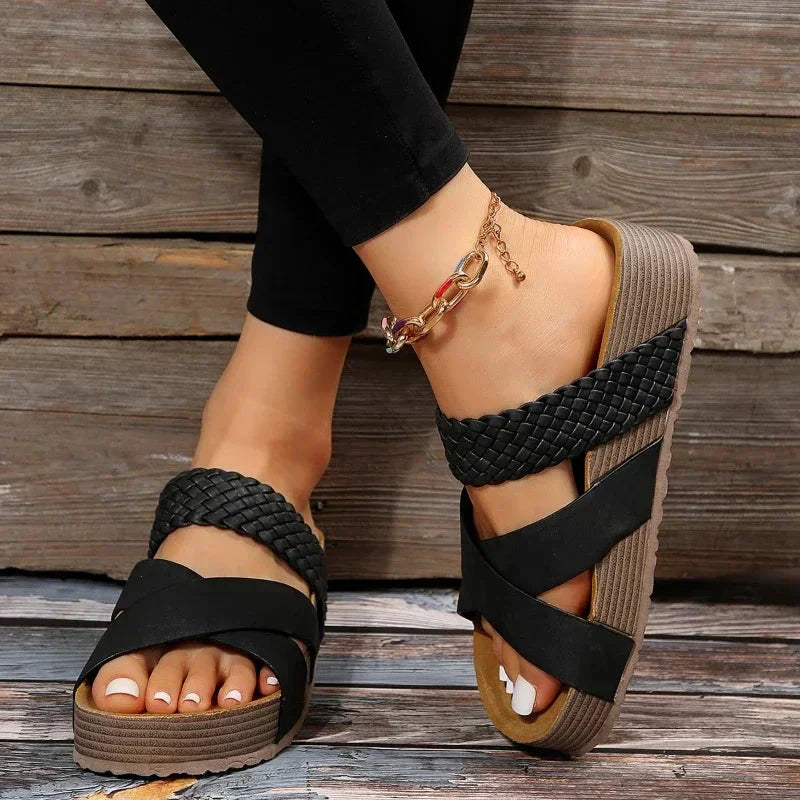 Gwendolyn Fairfax | Brown Cross-Strap Platform Sandals