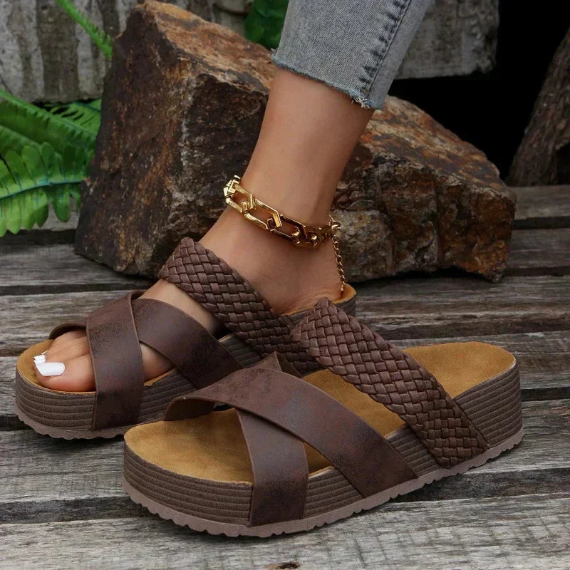 Gwendolyn Fairfax | Brown Cross-Strap Platform Sandals