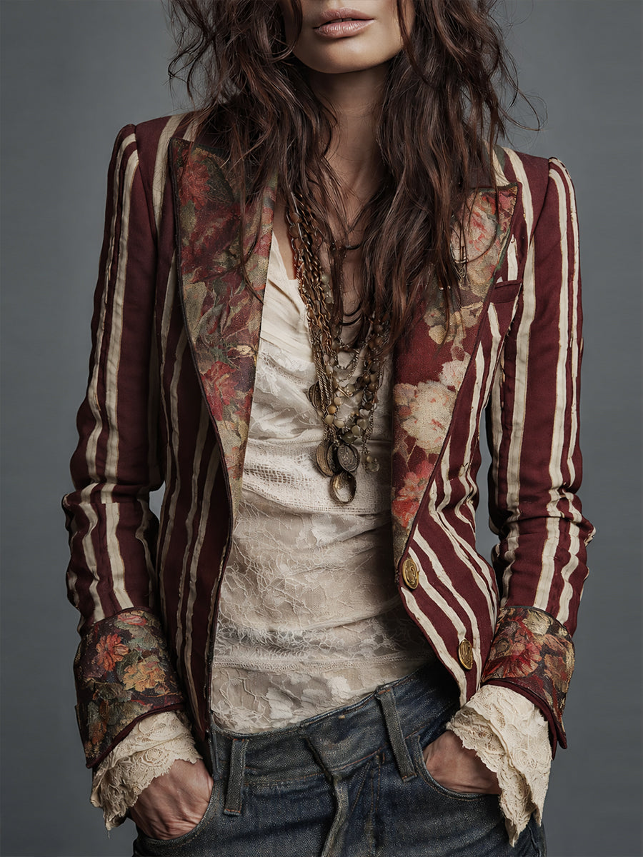 Ninon Greenaway | Navy Striped Bohemian Print Blazer For Women