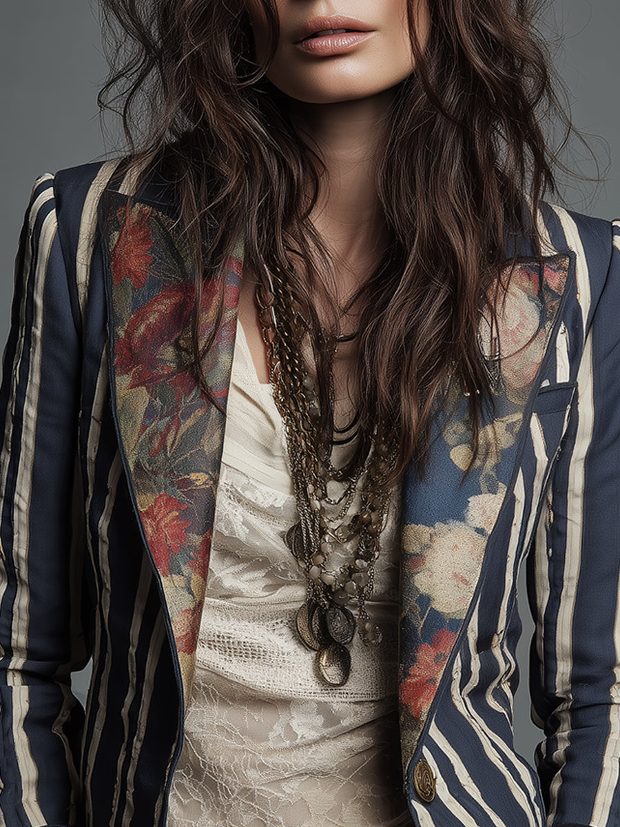 Ninon Greenaway | Navy Striped Bohemian Print Blazer For Women