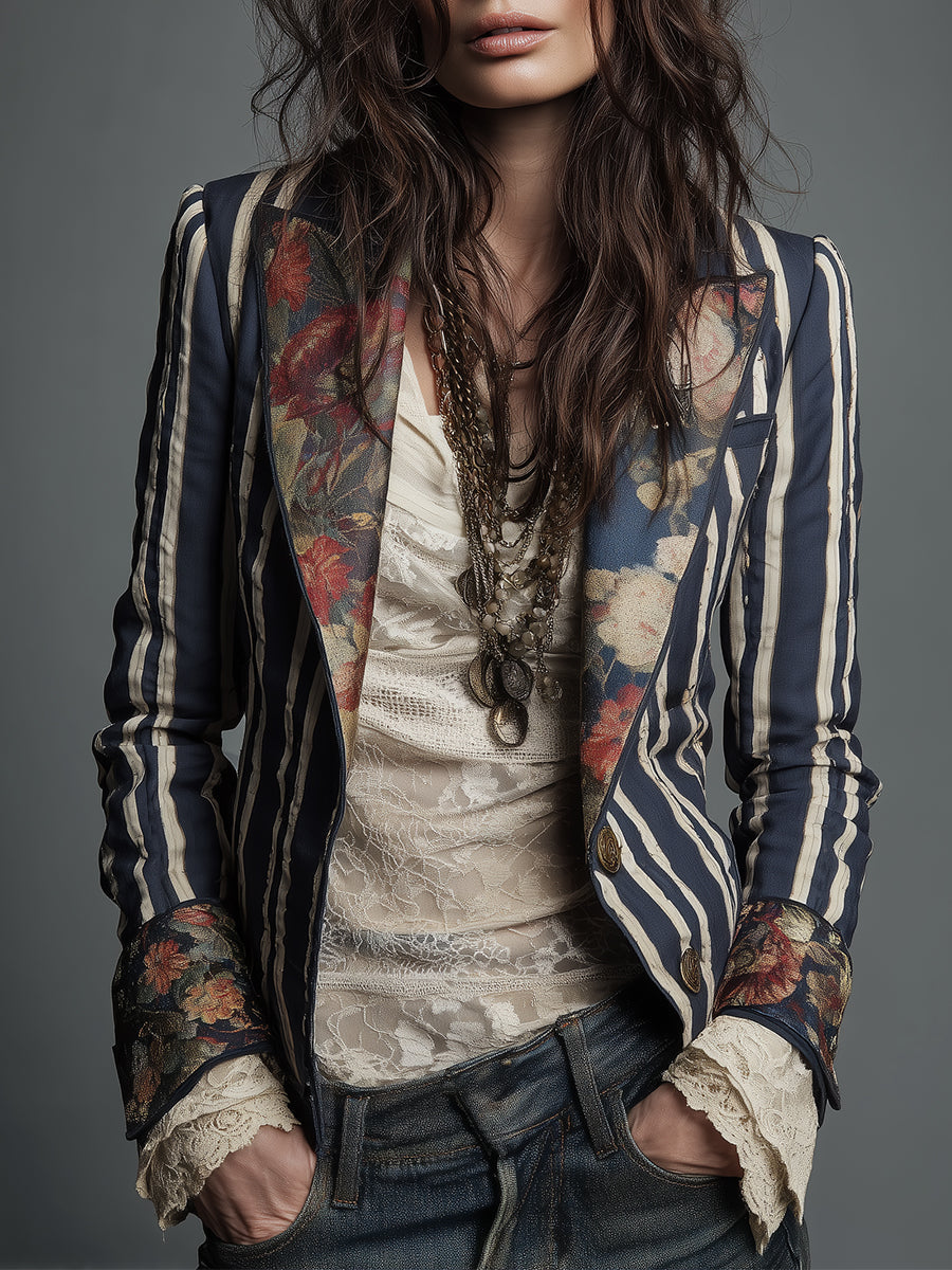 Ninon Greenaway | Navy Striped Bohemian Print Blazer For Women