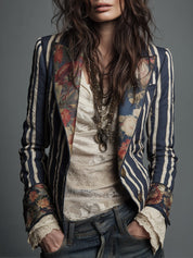 Ninon Greenaway | Navy Striped Bohemian Print Blazer For Women