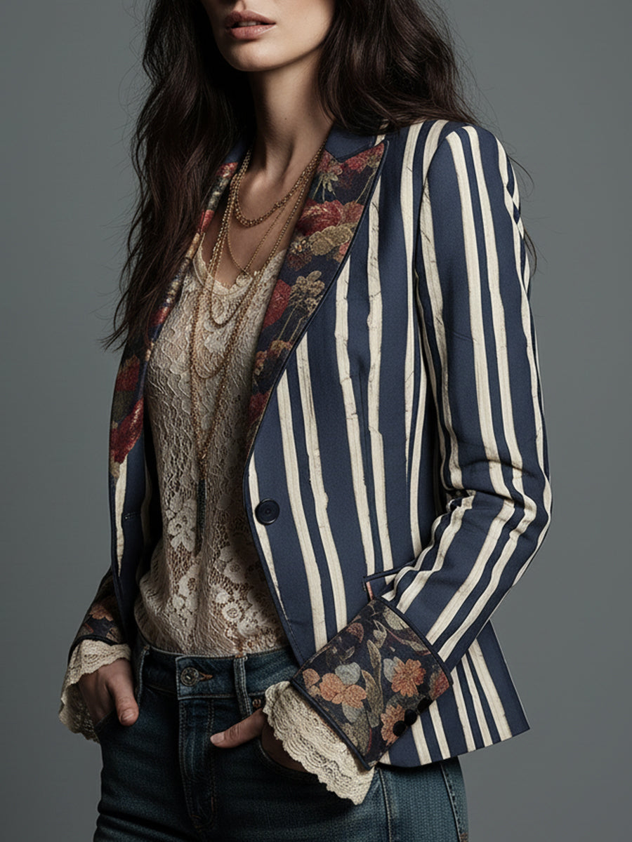 Ninon Greenaway | Navy Striped Bohemian Print Blazer For Women