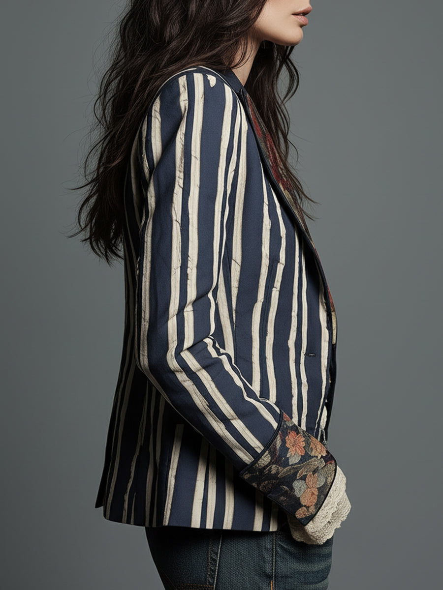 Ninon Greenaway | Navy Striped Bohemian Print Blazer For Women