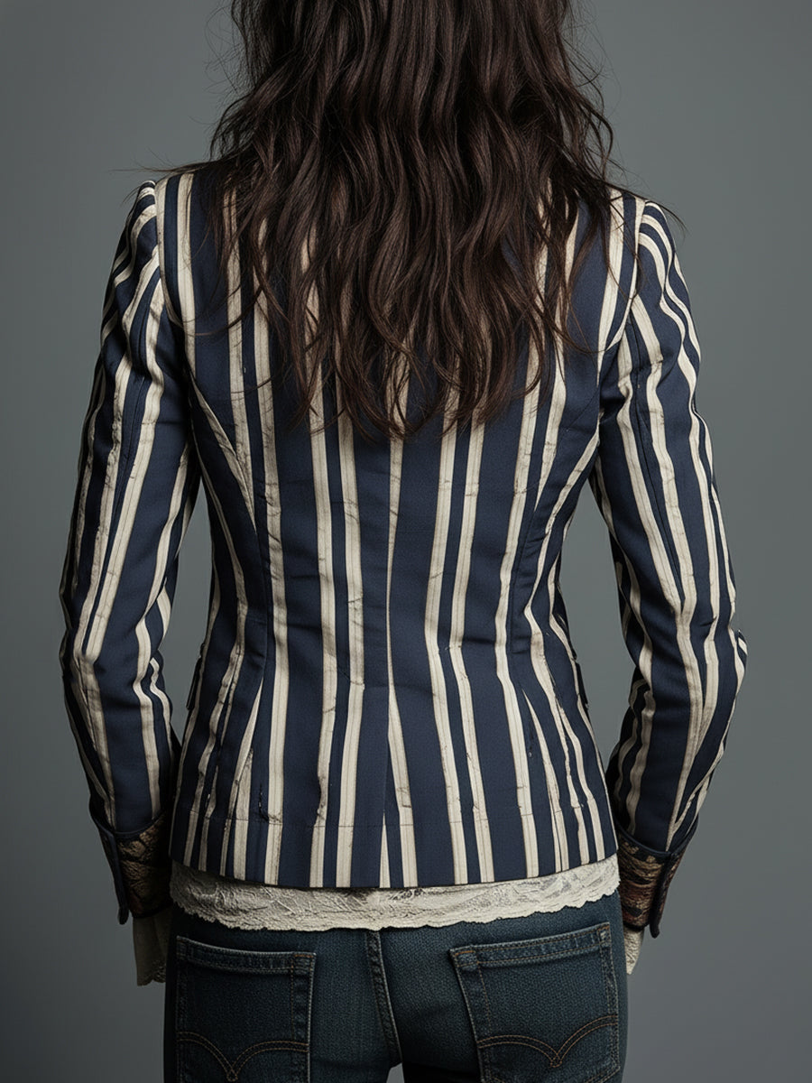 Ninon Greenaway | Navy Striped Bohemian Print Blazer For Women