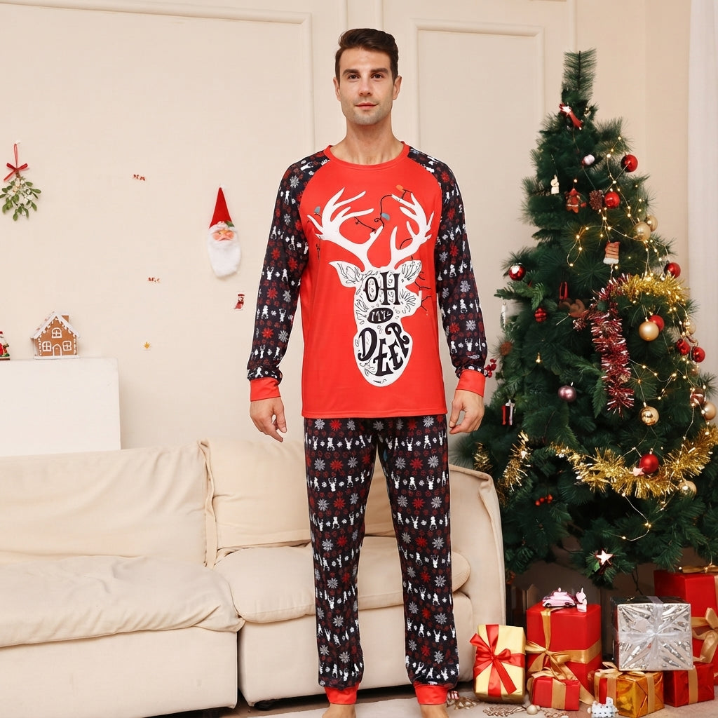 Frosty Pine | Red Reindeer Print Christmas Pyjamas For Men