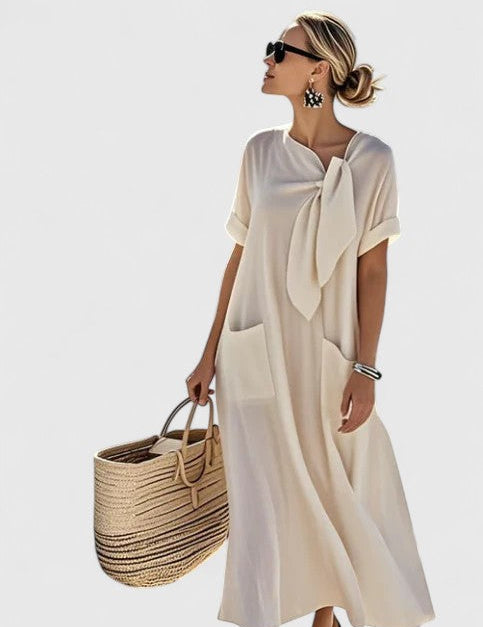 Flavia Dunsworth | Brown Maxi Dress with Neck Tie & Pockets