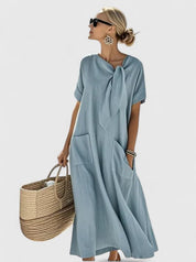 Flavia Dunsworth | Brown Maxi Dress with Neck Tie & Pockets
