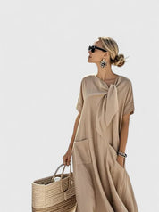 Flavia Dunsworth | Brown Maxi Dress with Neck Tie & Pockets