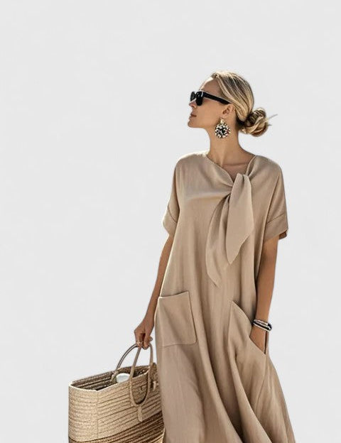 Flavia Dunsworth | Brown Maxi Dress with Neck Tie & Pockets