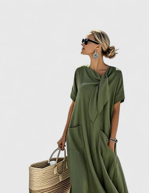 Flavia Dunsworth | Brown Maxi Dress with Neck Tie & Pockets
