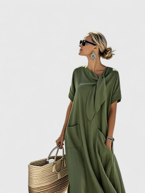 Flavia Dunsworth | Brown Maxi Dress with Neck Tie & Pockets