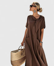 Flavia Dunsworth | Brown Maxi Dress with Neck Tie & Pockets