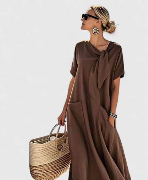 Flavia Dunsworth | Brown Maxi Dress with Neck Tie & Pockets