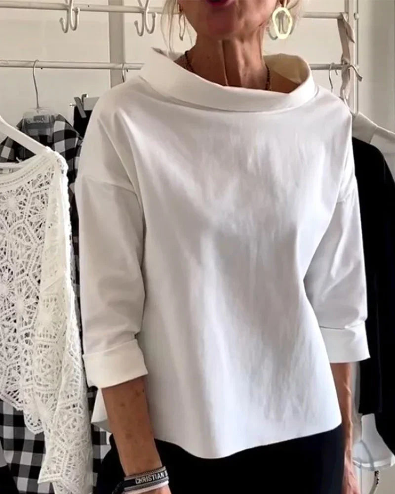 Eleanora Whitvane | White Bateau Neck 3/4 Sleeve Relaxed Top