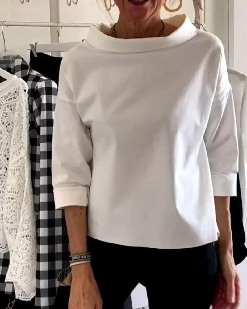 Eleanora Whitvane | White Bateau Neck 3/4 Sleeve Relaxed Top