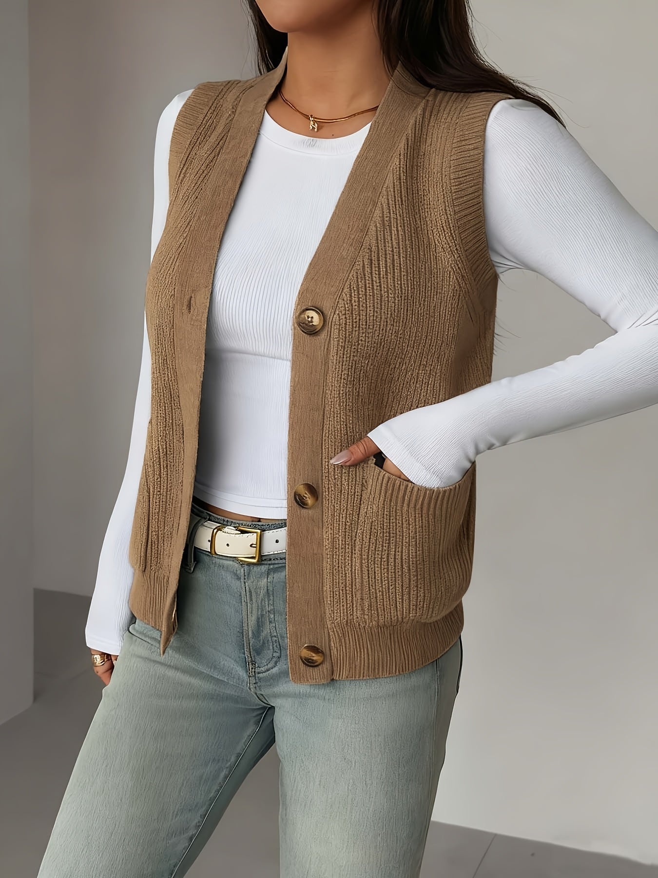 Posy Arkwright | Gray Button-Front Knit Vest For Women