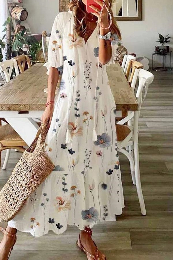 Rosalind Everly | White Floral Print V-Neck Tassel Maxi Dress