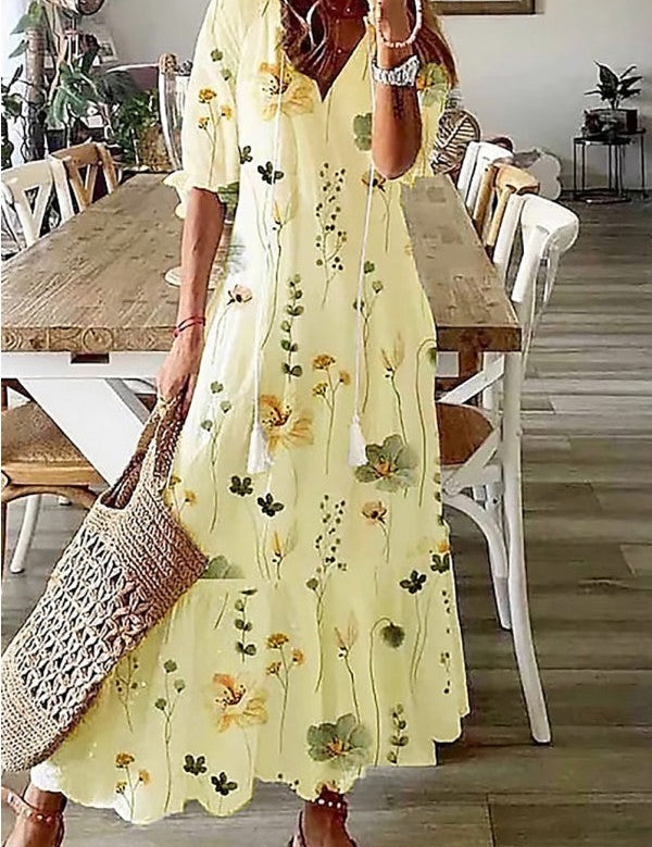 Rosalind Everly | White Floral Print V-Neck Tassel Maxi Dress