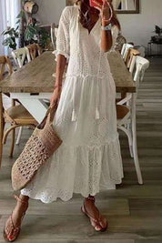 Rosalind Everly | White Floral Print V-Neck Tassel Maxi Dress