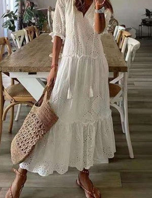 Rosalind Everly | White Floral Print V-Neck Tassel Maxi Dress