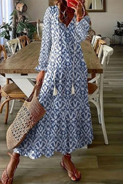 Rosalind Everly | White Floral Print V-Neck Tassel Maxi Dress