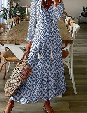 Rosalind Everly | White Floral Print V-Neck Tassel Maxi Dress