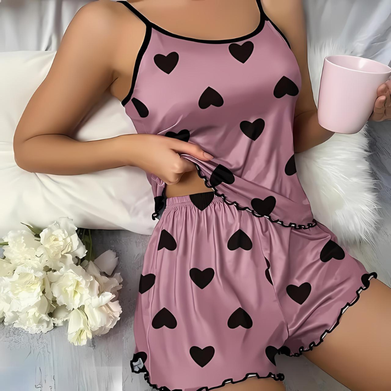 Colette Wyndvale | Heart Print Cami & Shorts Pajama Set in Blue