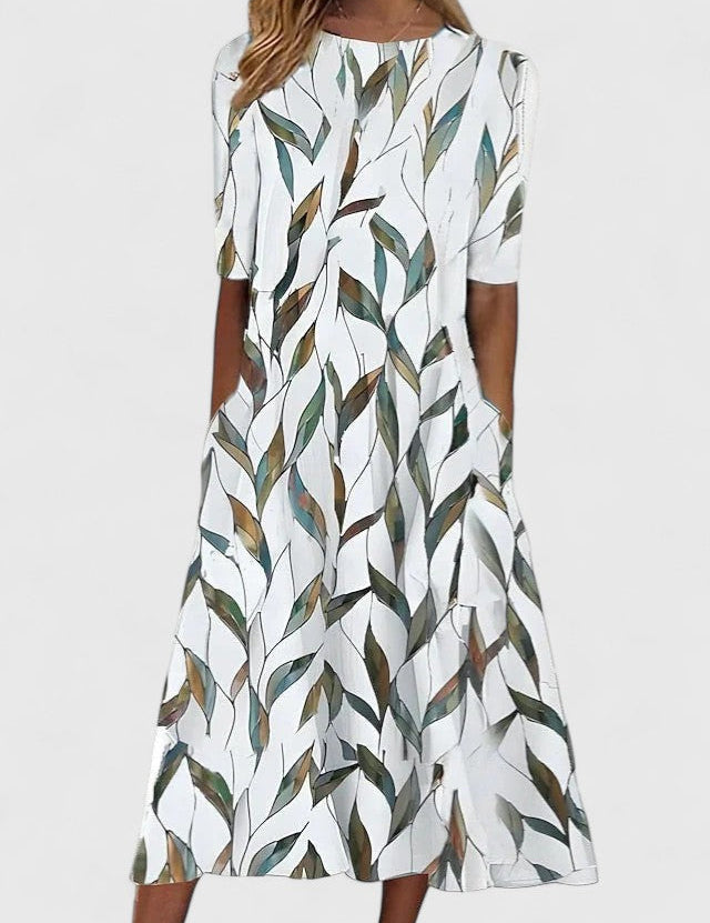 Celeste Wyndmore | Blue Floral Print Midi Dress with Short Sleeves