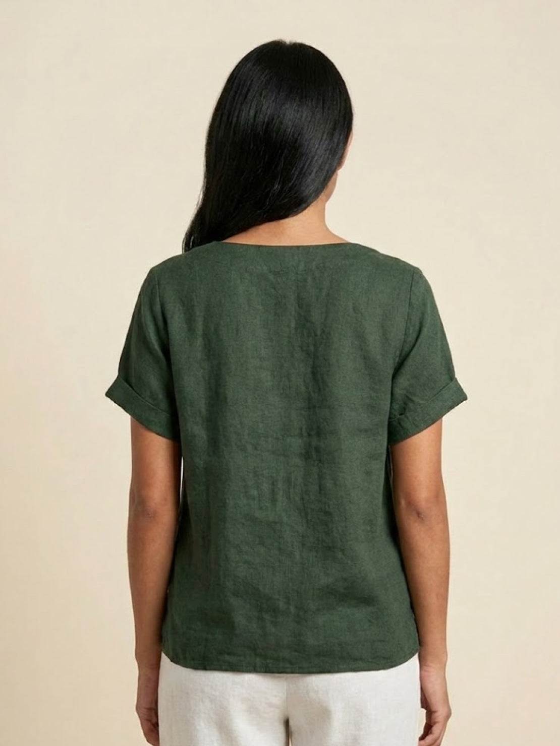 Claudette Harbourne | Women's Green Linen Button Detail Short Sleeve Top