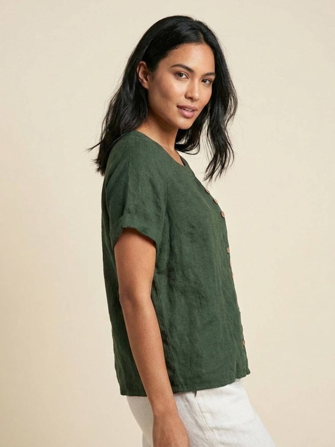 Claudette Harbourne | Women's Green Linen Button Detail Short Sleeve Top