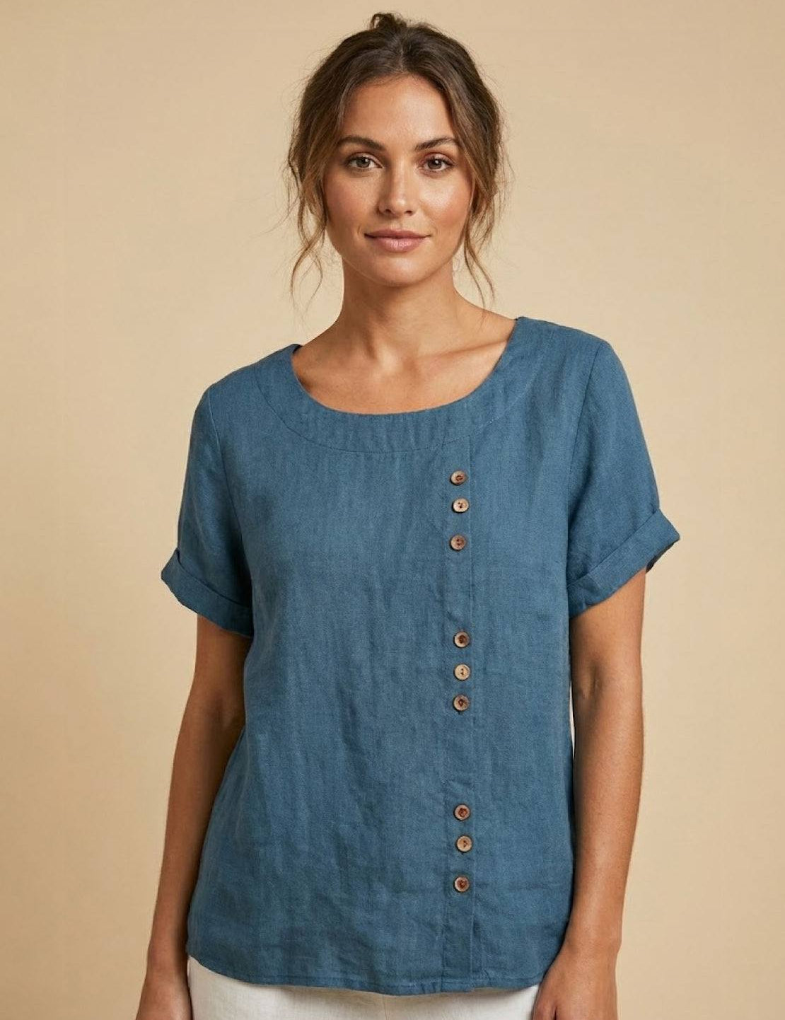 Claudette Harbourne | Women's Green Linen Button Detail Short Sleeve Top