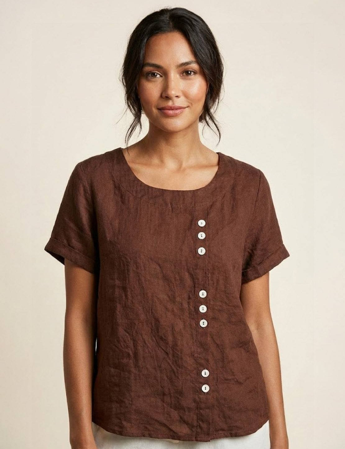 Claudette Harbourne | Women's Green Linen Button Detail Short Sleeve Top