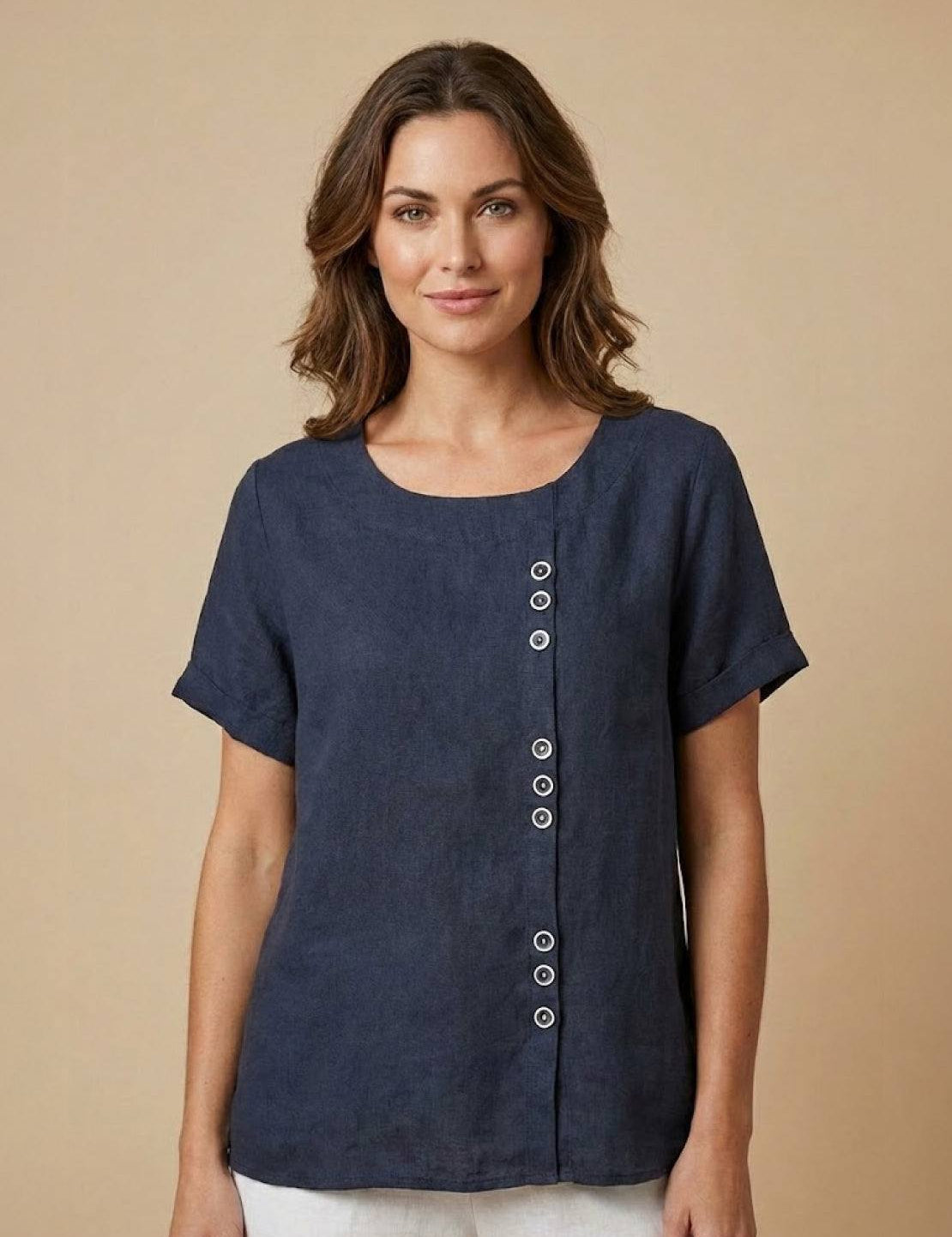 Claudette Harbourne | Women's Green Linen Button Detail Short Sleeve Top
