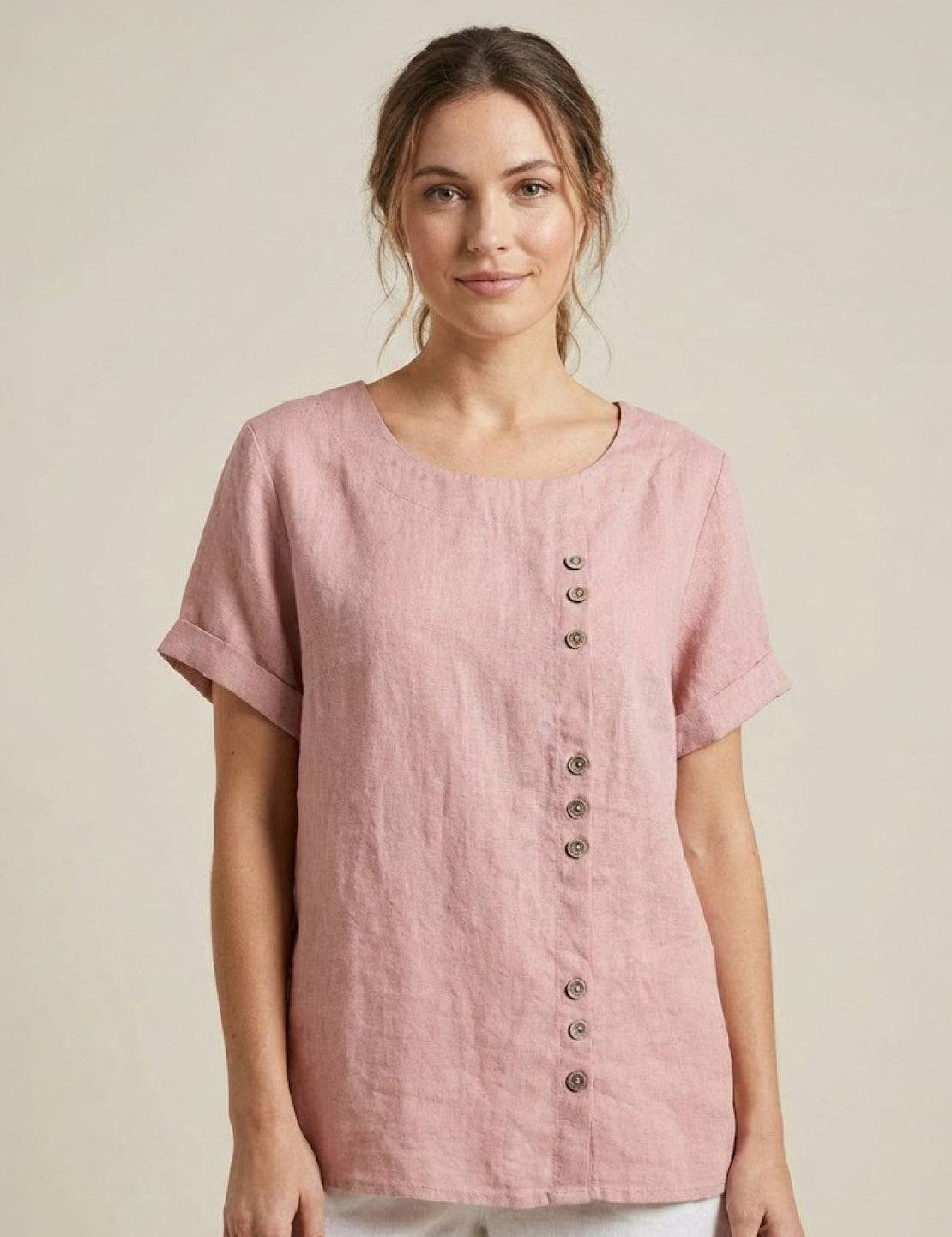 Claudette Harbourne | Women's Green Linen Button Detail Short Sleeve Top