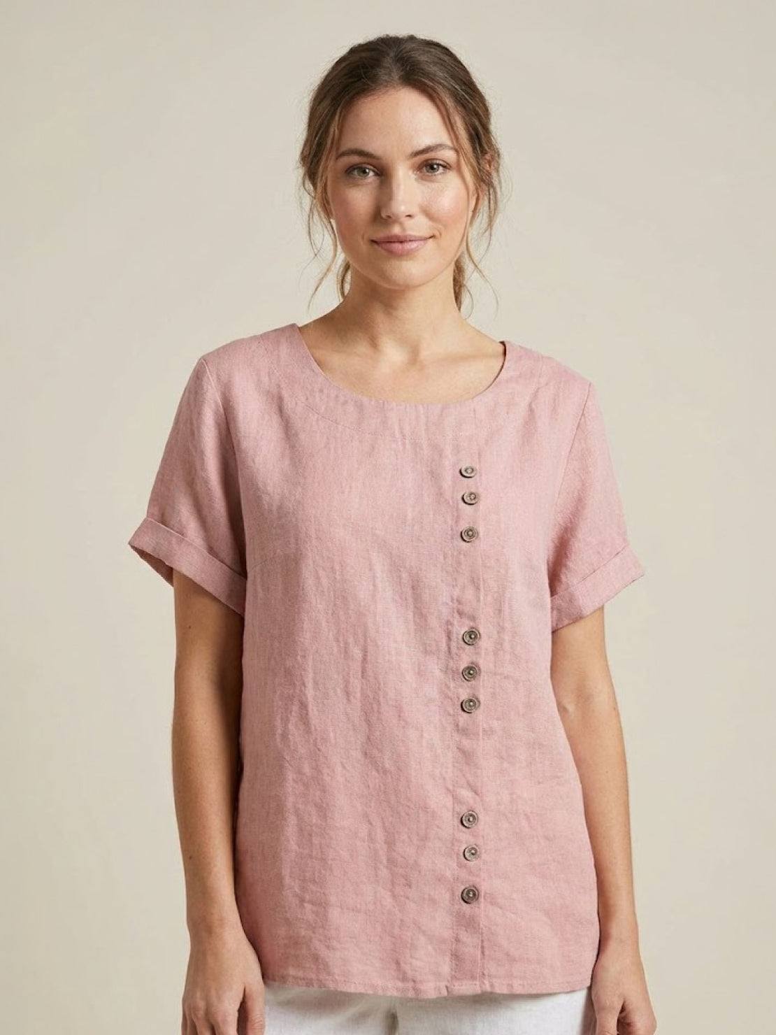 Claudette Harbourne | Women's Green Linen Button Detail Short Sleeve Top