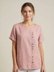 Claudette Harbourne | Women's Green Linen Button Detail Short Sleeve Top