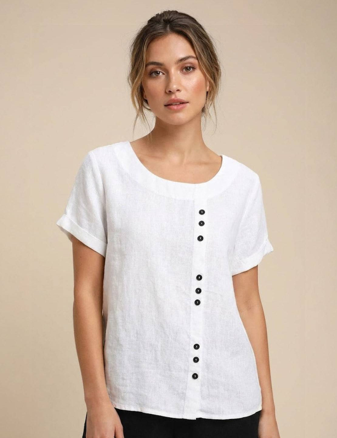 Claudette Harbourne | Women's Green Linen Button Detail Short Sleeve Top