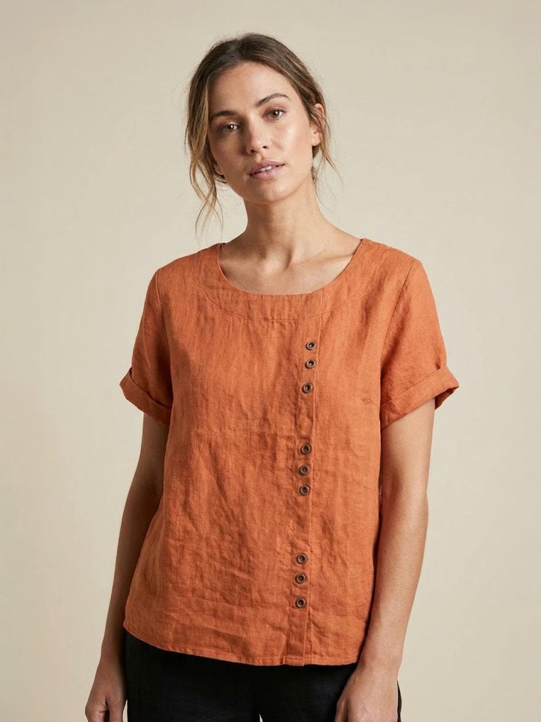 Claudette Harbourne | Women's Green Linen Button Detail Short Sleeve Top
