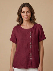Claudette Harbourne | Women's Green Linen Button Detail Short Sleeve Top