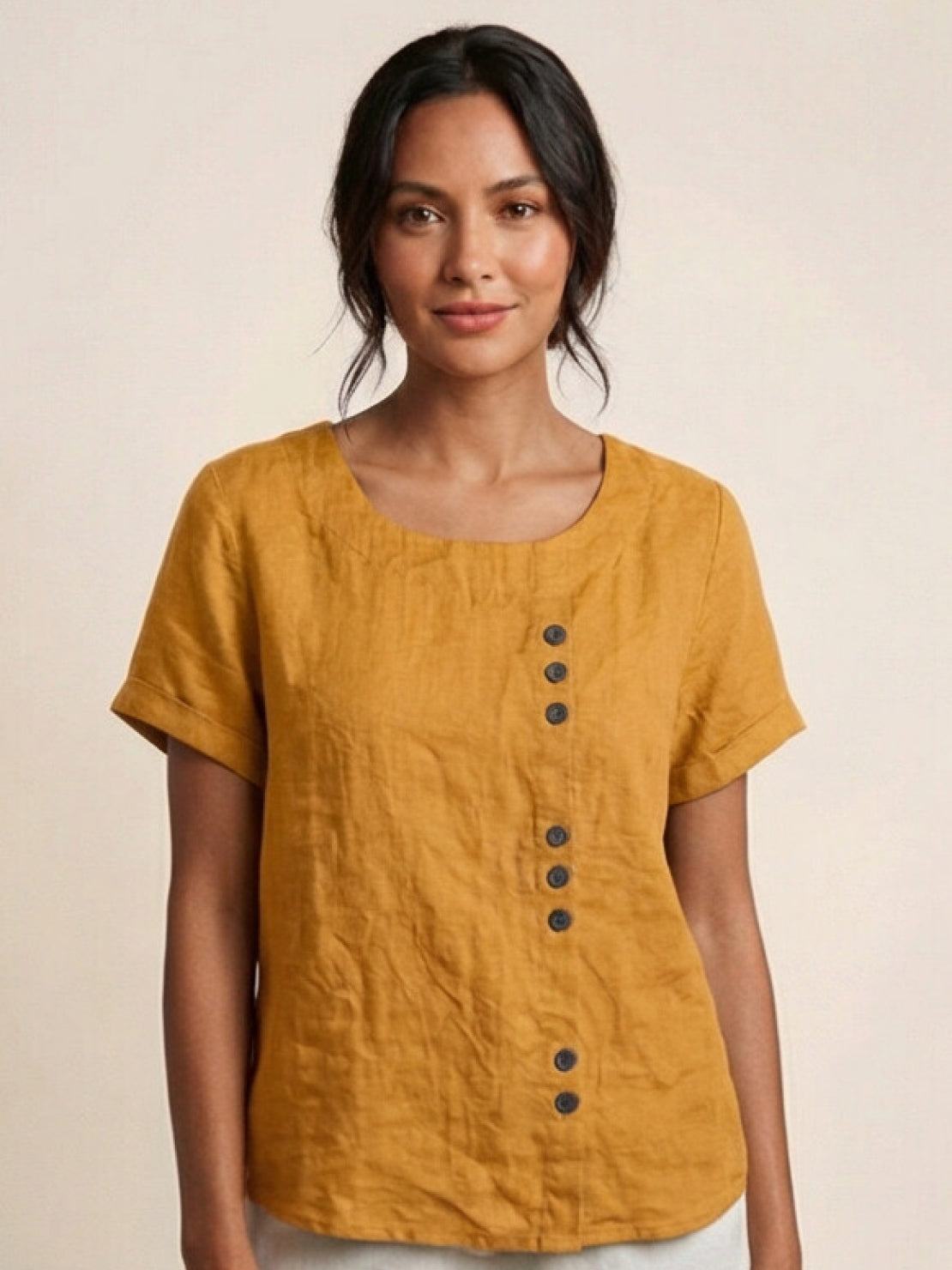 Claudette Harbourne | Women's Green Linen Button Detail Short Sleeve Top