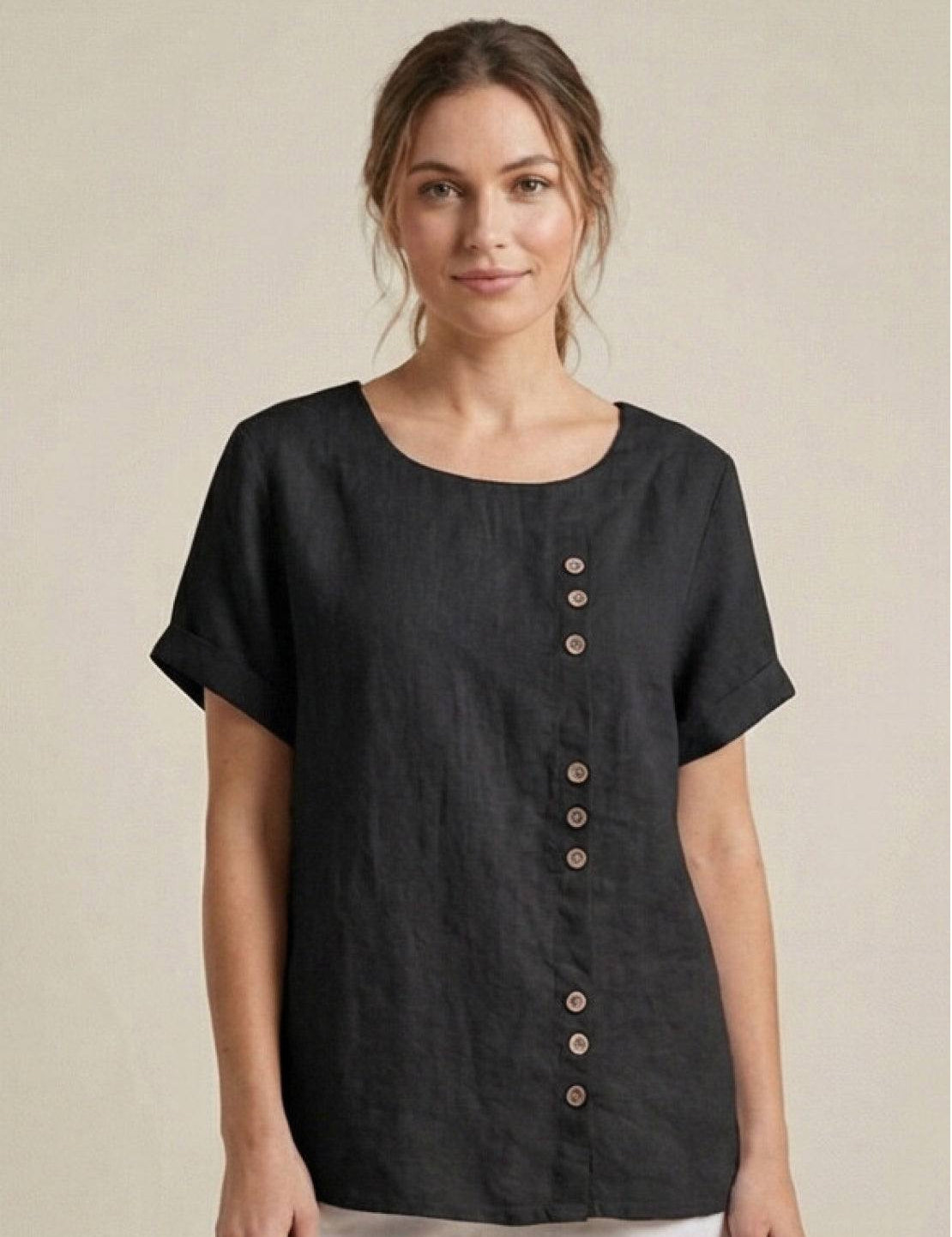 Claudette Harbourne | Women's Green Linen Button Detail Short Sleeve Top