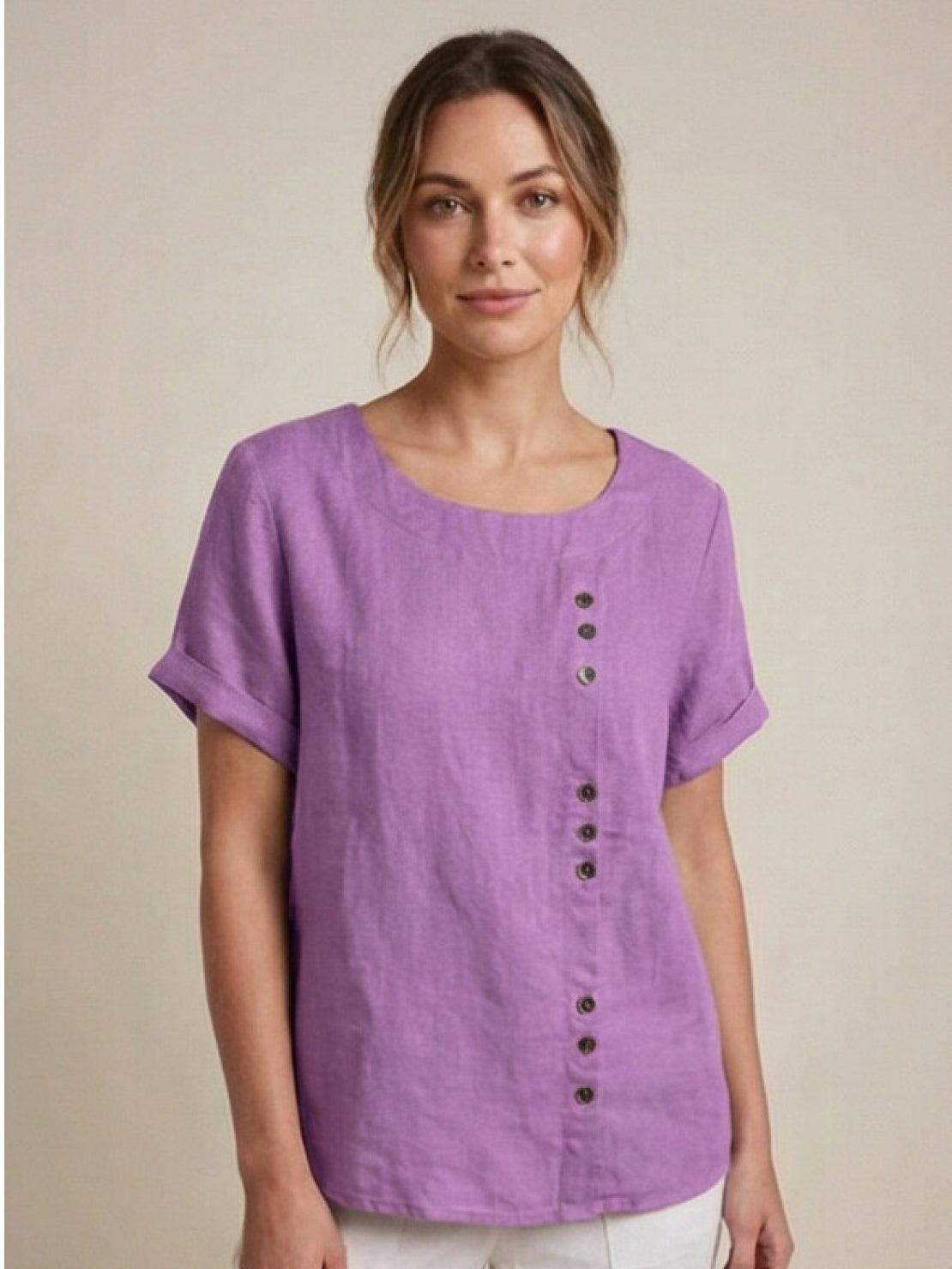 Claudette Harbourne | Women's Green Linen Button Detail Short Sleeve Top