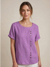 Claudette Harbourne | Women's Green Linen Button Detail Short Sleeve Top