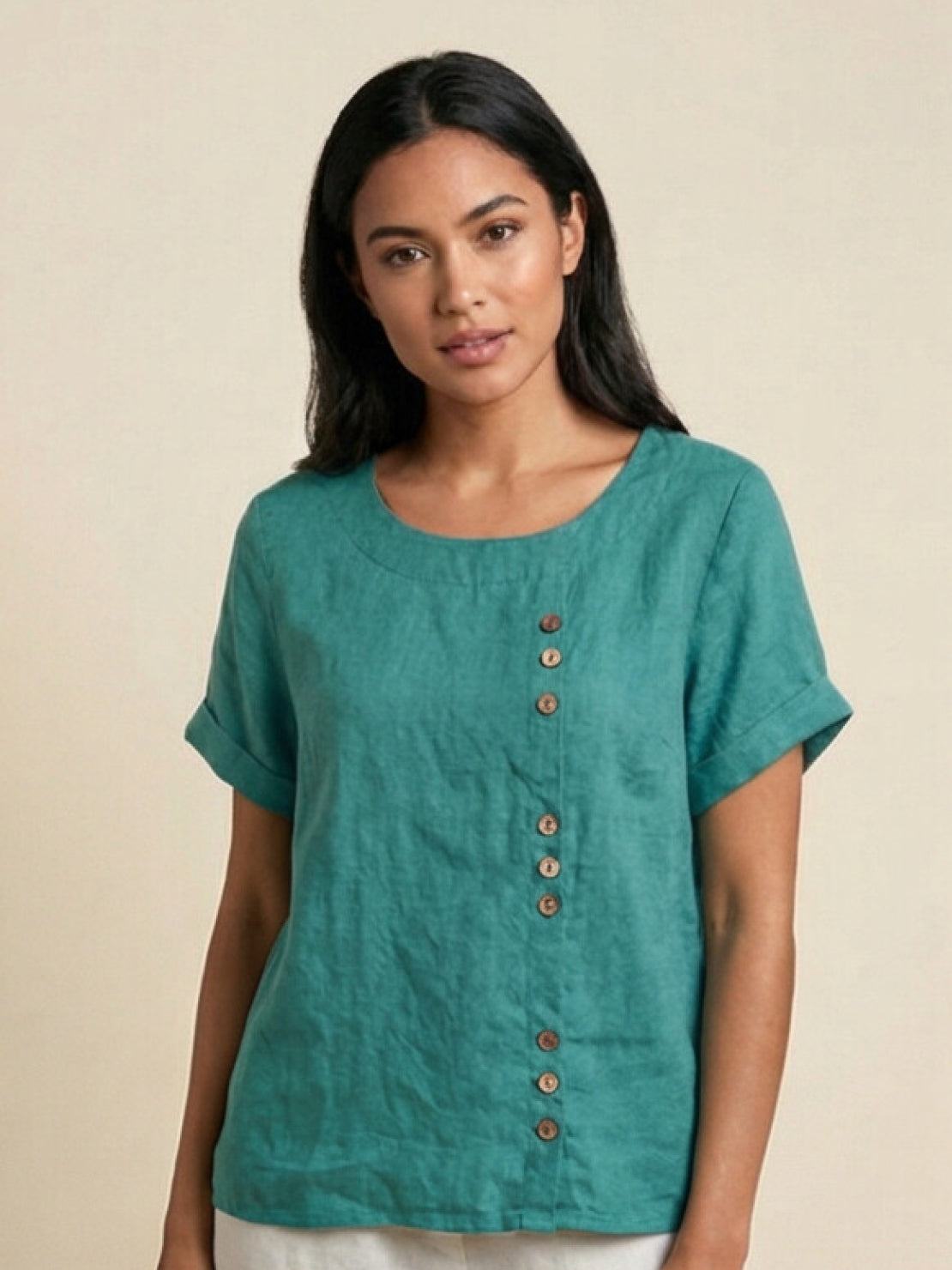 Claudette Harbourne | Women's Green Linen Button Detail Short Sleeve Top