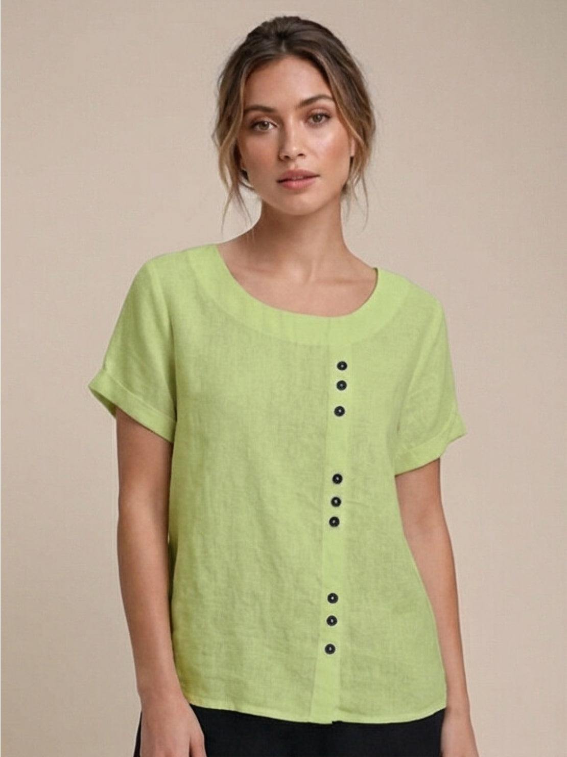 Claudette Harbourne | Women's Green Linen Button Detail Short Sleeve Top